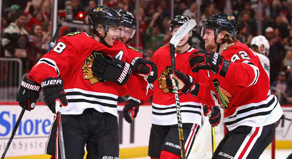 With it being announced that NHL players will be paid for the rest of the reason, Patrick Kane and Co. have plenty of reason to celebrate. (Photo by Jonathan Daniel/Getty Images)