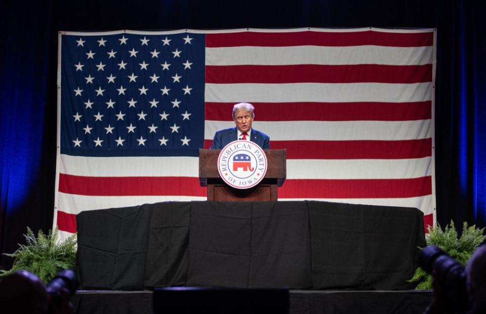 Trump speaks at the Lincoln Dinner in Des on July 28 , 2023. (Photo by Sergio FLORES / AFP) (Photo by SERGIO FLORES/AFP via Getty Images)<span class="copyright">Sergio Flores—AFP/Getty Images</span>