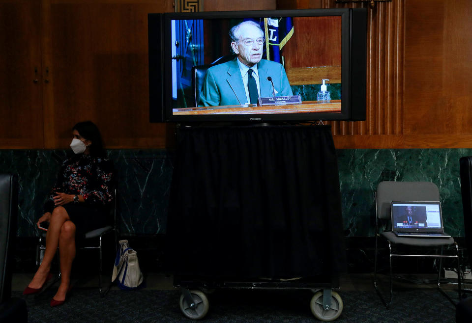 Committee Chairman Sen. Chuck Grassley is seen on a television monitor as he presides during a Senate Finance Committee hearing on Capitol Hill on June 9, 2020.<span class="copyright">Leah Millis—Pool/AFP/Getty Images</span>
