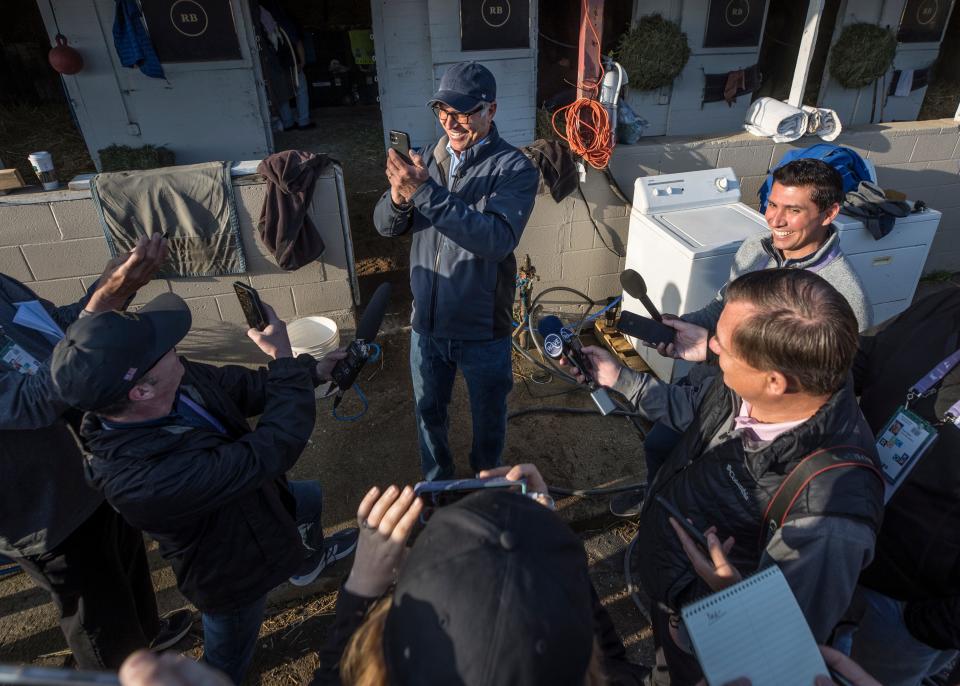 Trainer Tim Yakteen talks with the media after bringing Kentucky Derby entrants Taiba and Messier to the track. The two horses were formerly trained by Bob Baffert who has been suspended from the track following the disqualification of 2021 Derby winner Medina Spirit. May 2, 2022