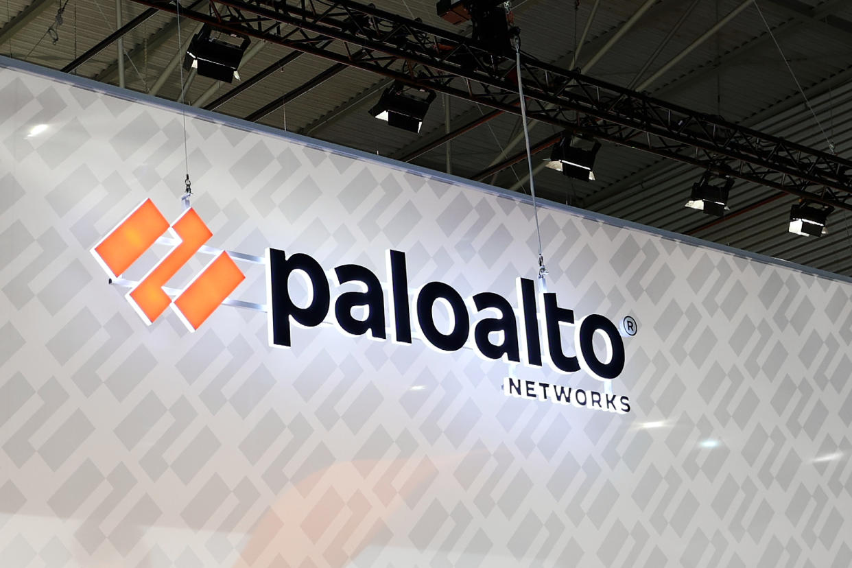 BARCELONA, SPAIN - MARCH 2: The Palo Alto Networks Inc. logo, the American multinational cybersecurity company, being displayed on their stand during the Mobile World Congress 2023 on March 2, 2023, in Barcelona, Spain. (Photo by Joan Cros/NurPhoto via Getty Images)