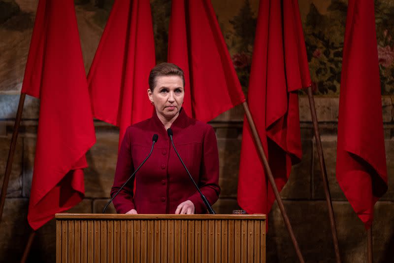 Danish PM Frederiksen speaks on the Workers' International Day at Arbejdermuseet in Copenhagen