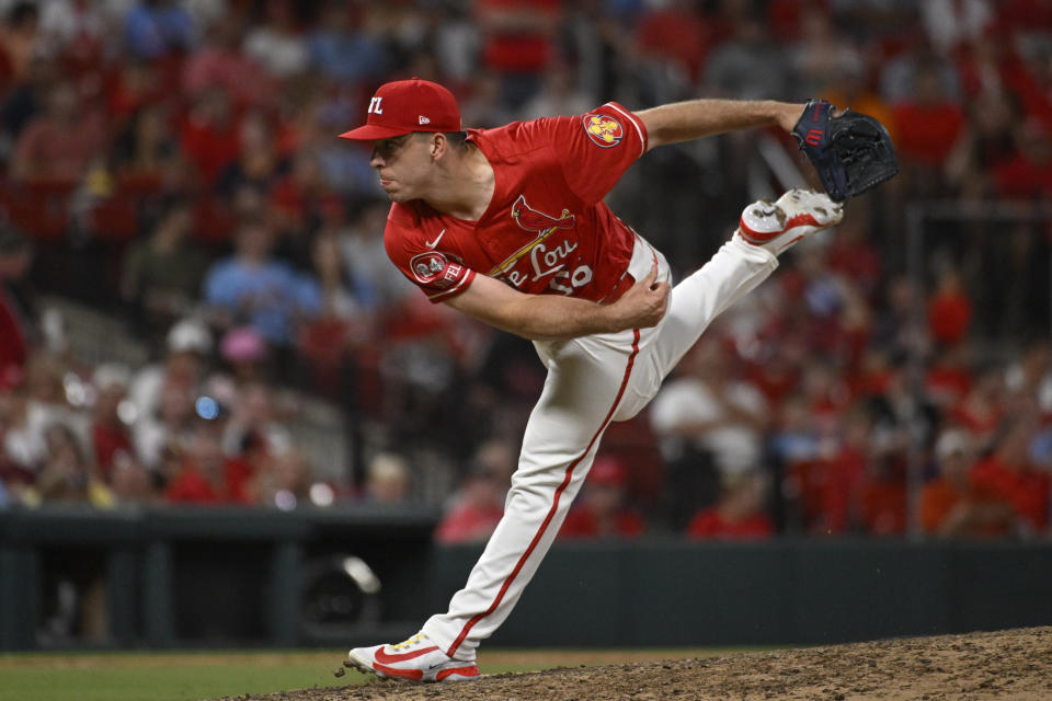 St. Louis Cardinals relief pitcher Ryan Helsley throws in the ninth inning of a baseball game against the Cincinnati Reds, Friday, June 28, 2024, in St. Louis. (AP Photo/Joe Puetz)