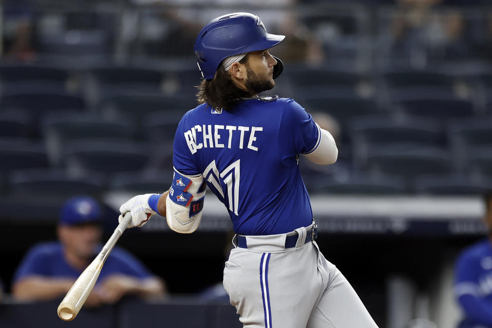 Toronto Blue Jays' Bo Bichette watches his home run against the New York Yankees during the first inning of a baseball game Thursday, Sept. 9, 2021, in New York. (AP Photo/Adam Hunger)