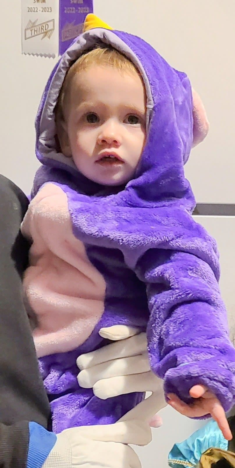 parent holding little girl wearing purple halloween costume