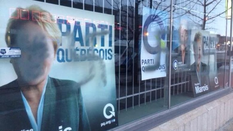 Parti Québécois posters were targeted by vandals during the second week of the Quebec election campaign.