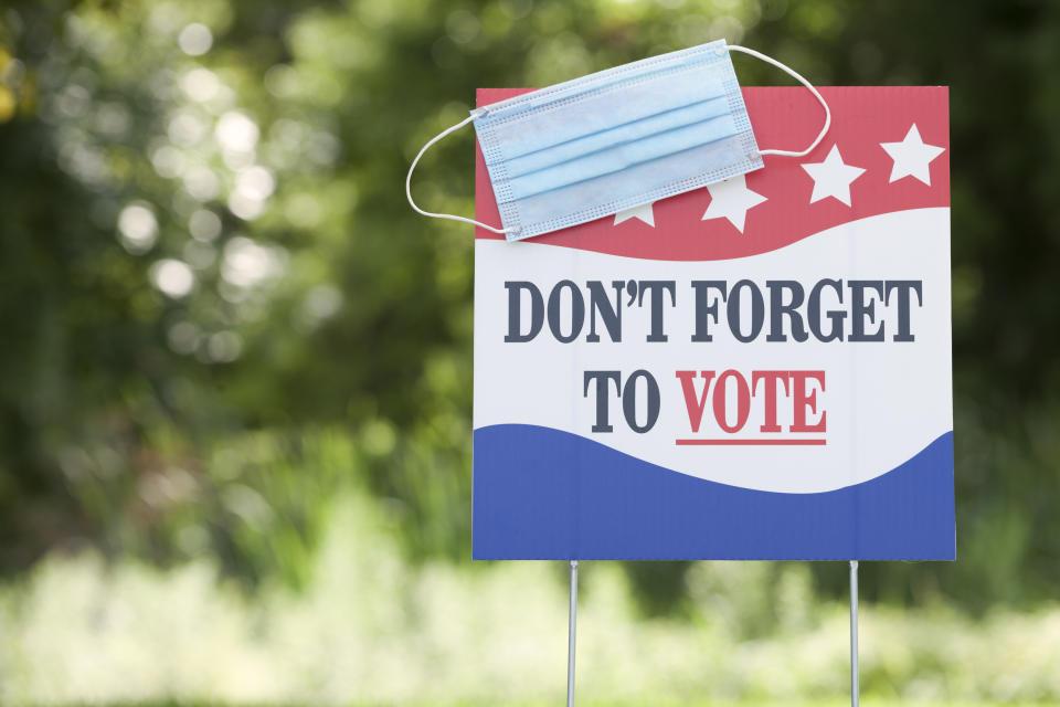 Presidential Election - Don’t Forget to Vote signage with a protective face mask in front of a grassy field.