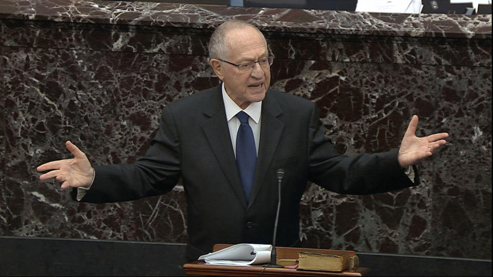 In this image from video, Alan Dershowitz, an attorney for President Donald Trump, speaks during the impeachment trial against Trump in the Senate at the U.S. Capitol in Washington, Monday, Jan. 27, 2020. (Senate Television via AP)