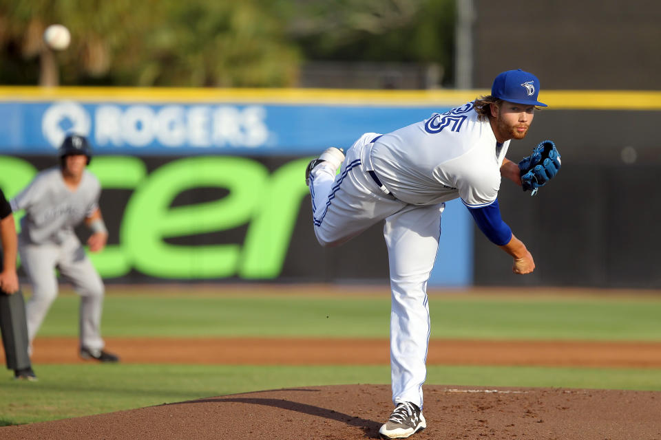 TAMPA, FL - MAY 01: 2016 Blue Jays first round pick T. J. Zeuch of the Blue Jays delivers a pitch to the plate during the Florida State League game between the Tampa Yankees and the Dunedin Blue Jays on May 01, 2017, at Florida Auto Exchange Stadium in Dunedin, FL. (Photo by Cliff Welch/Icon Sportswire via Getty Images)