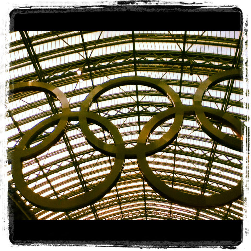 The Olympic rings are shown in the St. Pancras International rail station during the London 2012 Olympic Games on July 30, 2012 in London, England. (Photo by Rob Carr/Getty Images)