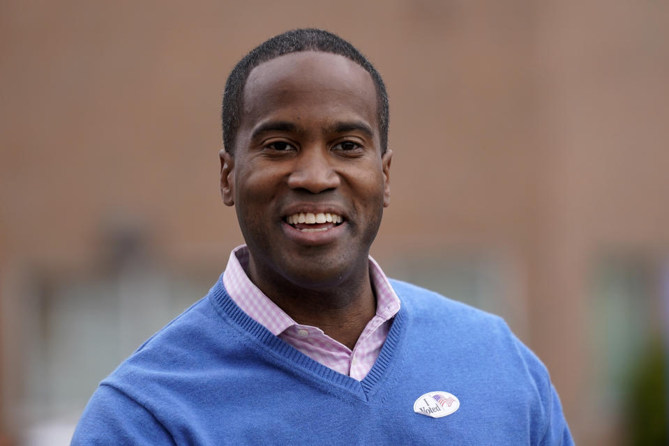 FILE - Republican candidate for Michigan's 10th District, John James is seen in Farmington Hills, Mich., Monday, Oct. 26, 2020. Democrat Carl Marlinga announced Thursday, Thursday, Sept. 7, 2023, that he will once again seek a House seat in Michigan's 10th district after losing by just 1,600 votes to Republican James last year. National Democrats have said they will target the seat in 2024. (AP Photo/Paul Sancya, File)