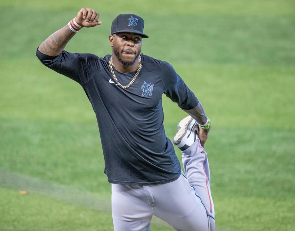 Miami Marlins outfielder Monte Harrison stretches during Marlins training camp at Marlins Park on Wednesday, July 8, 2020.