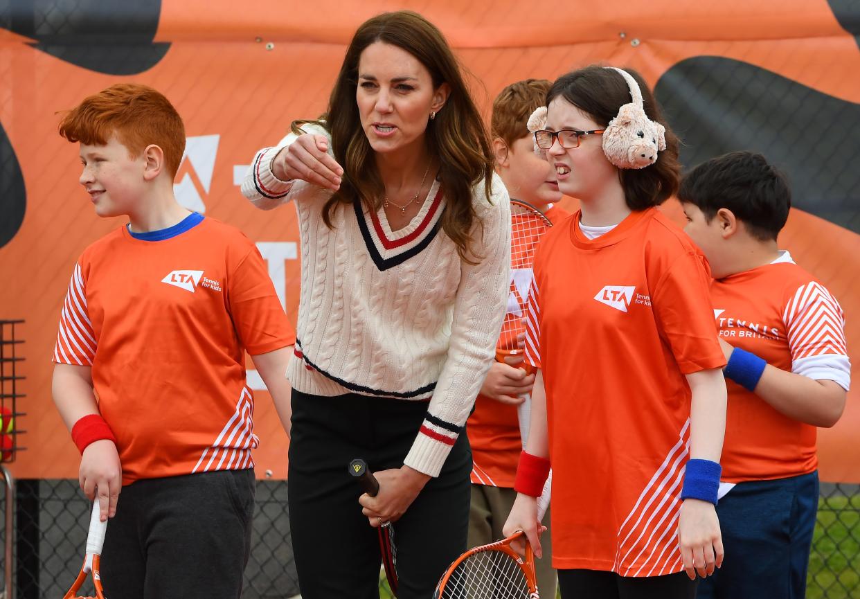 EDINBURGH, SCOTLAND - MAY 27: Catherine, Duchess of Cambridge speaks to schoolchildren as they take part in the Lawn Tennis Association's (LTA) Youth programme, at Craiglockhart Tennis Centre on May 26, 2021 in Edinburgh, Scotland. (Photo by Andy Buchanan - WPA Pool/Getty Images)