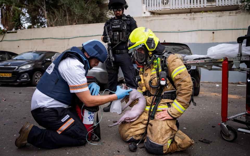 A firefighter and a paramedic deliver oxygen to an injured cat rescued from a building struck by a rocket fired from Gaza, in Tel Aviv, Israel, Friday, Oct 27