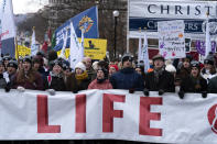 FILE - Anti-abortion activists march towards the U.S. Supreme Court during the March for Life in Washington, Jan. 21, 2022. Anti-abortion activists will have multiple reasons to celebrate – and some reasons for unease -- when they gather Friday, Jan. 20, 2023 in Washington for the annual March for Life. The march has been held since January 1974 – a year after the U.S. Supreme Court’s Roe v. Wade decision established a nationwide right to abortion. (AP Photo/Jose Luis Magana)