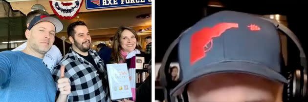 Left, white nationalists Vincent James Foxx and Dave Reilly pose with Idaho Lt. Gov. Janice McGeachin, who is running for governor. On the right, a screenshot from one of Foxx's livestreams shows his hat featuring Idaho tilted like a gun. (Photo: Vincent James Foxx/Daily Veracity)