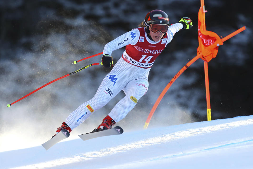 Italy's Nicol Delago competes during a ski World Cup Women's Downhill, in Val Gardena, Italy, Tuesday, Dec. 18, 2018. (AP Photo/Marco Trovati)