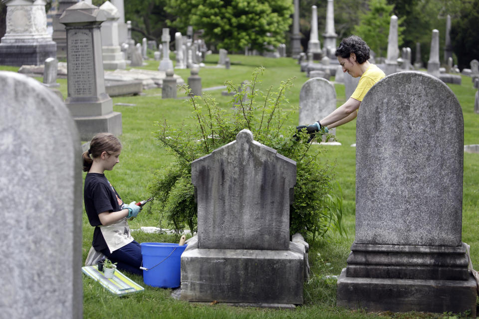 Celina Gray, right, and her daughter Kalliope Kourelis, trim a rose bush growing on the cradle grave of Mary Glenn, at the Woodlands Cemetery, Saturday May 4, 2019 in Philadelphia. The cemeteries of yore existed as much the living as for the dead. And a handful of these 19th century graveyards are restoring the bygone tradition of cemetery gardening. (AP Photo/Jacqueline Larma)