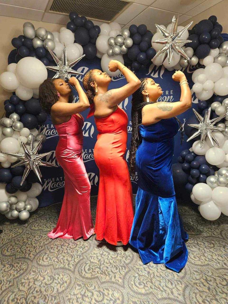 From left to right, “Dreamgirls” cast members Christen Wynn, Alex Vining and Loren Merritt pose at Theatre Macon’s Annual Gala event on April 20.