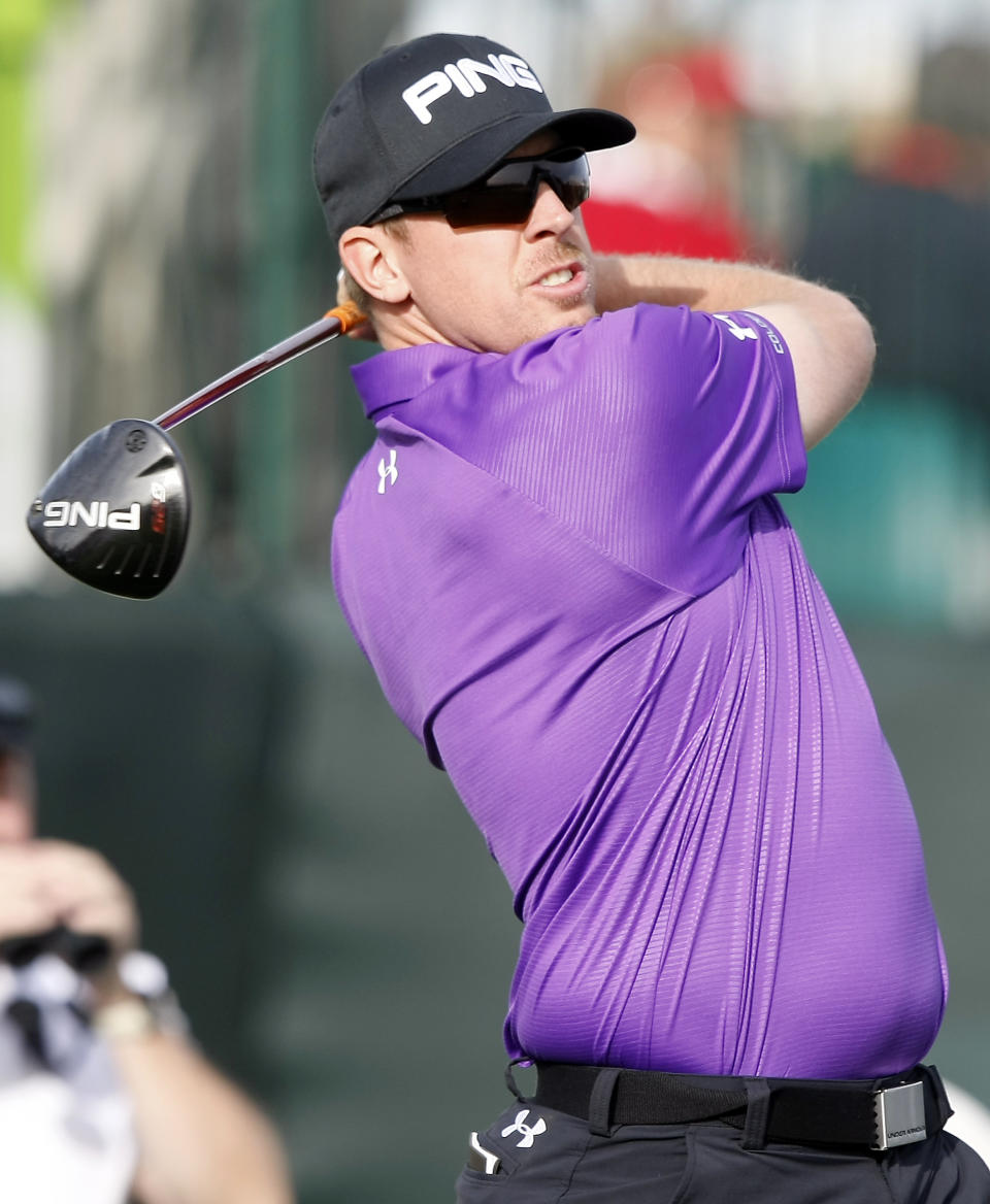 Hunter Mahan tees off on the 17th hole during the first round of the Waste Management Phoenix Open golf tournament on Thursday, Jan. 30, 2014, in Scottsdale, Ariz. (AP Photo/Rick Scuteri)