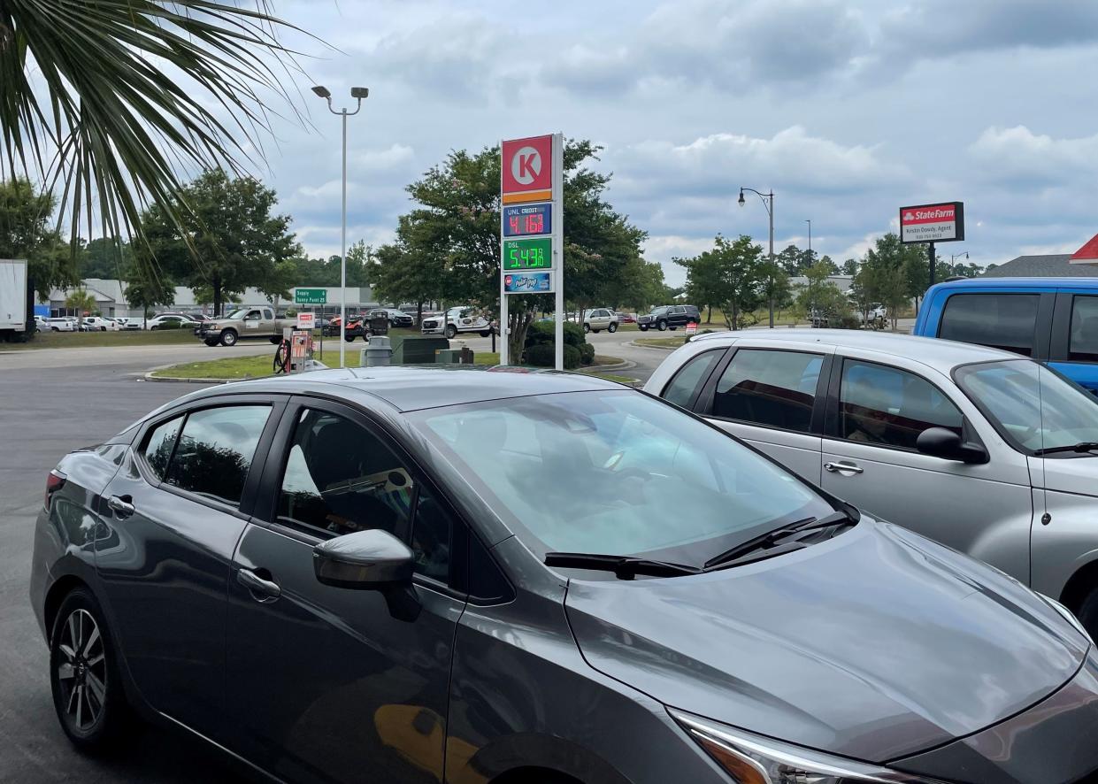 Cars in the parking lot of Circle K in Shallotte, N.C., where gas prices were as low as $4.16 per gallon on Tuesday.