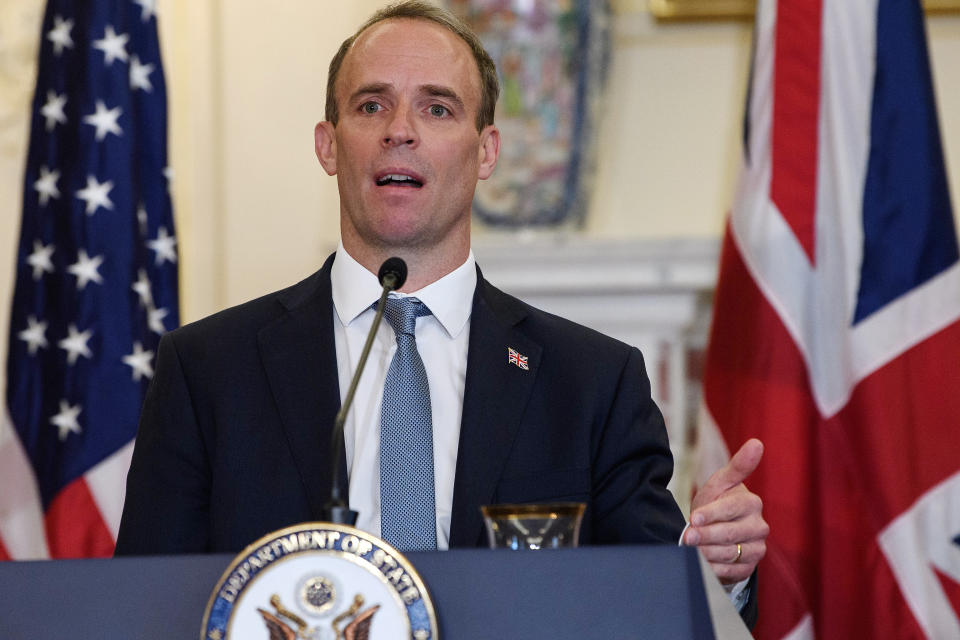 British Foreign Secretary Dominic Raab speaks at a press conference with Secretary of State Mike Pompeo at the State Department, Wednesday, Sept. 16, 2020 in Washington. (Nicholas Kamm/Pool via AP)