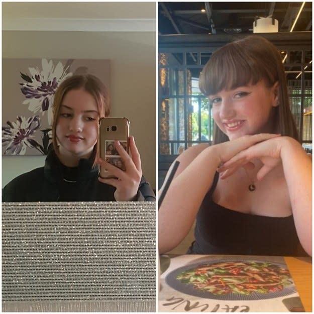 girl taking a selfie in conservative clothes; same girl with a cool haircut and cute top