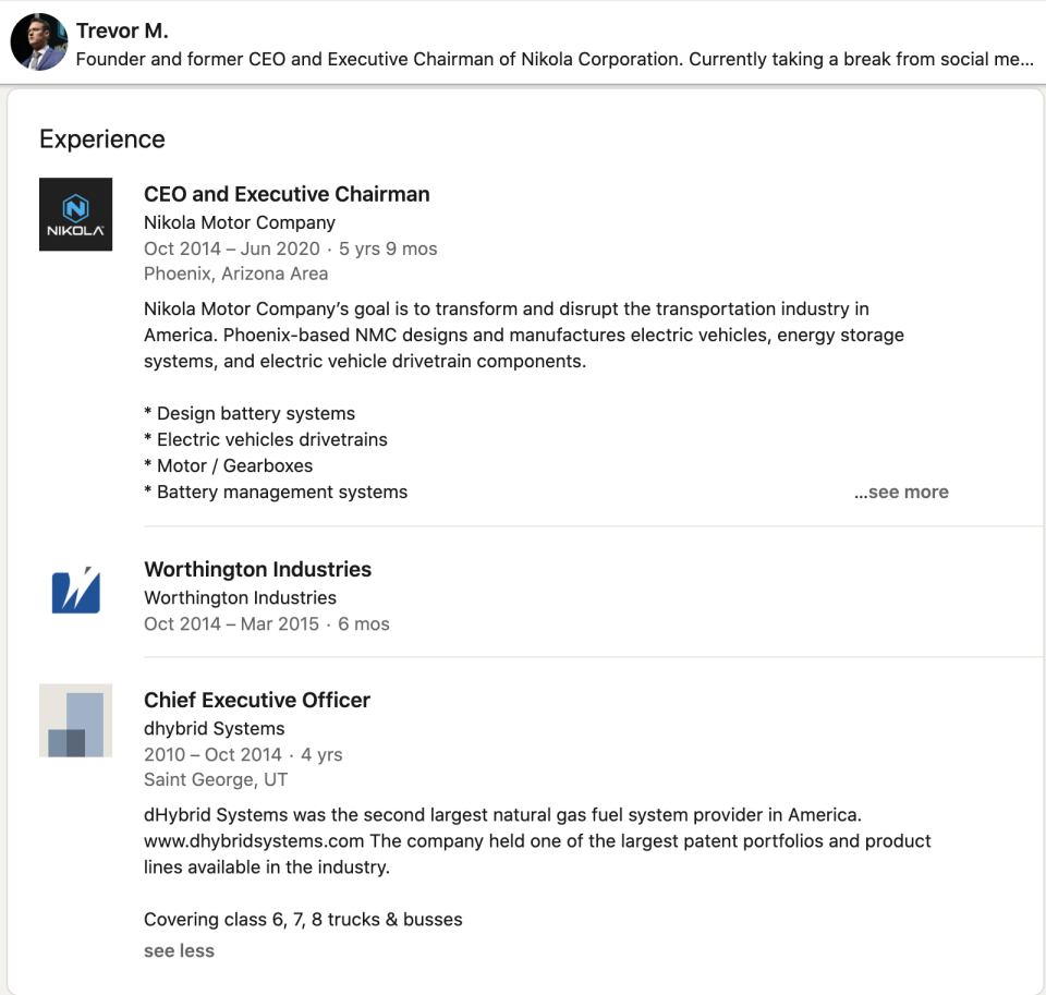 A screenshot of Trevor Milton's LinkedIn page.