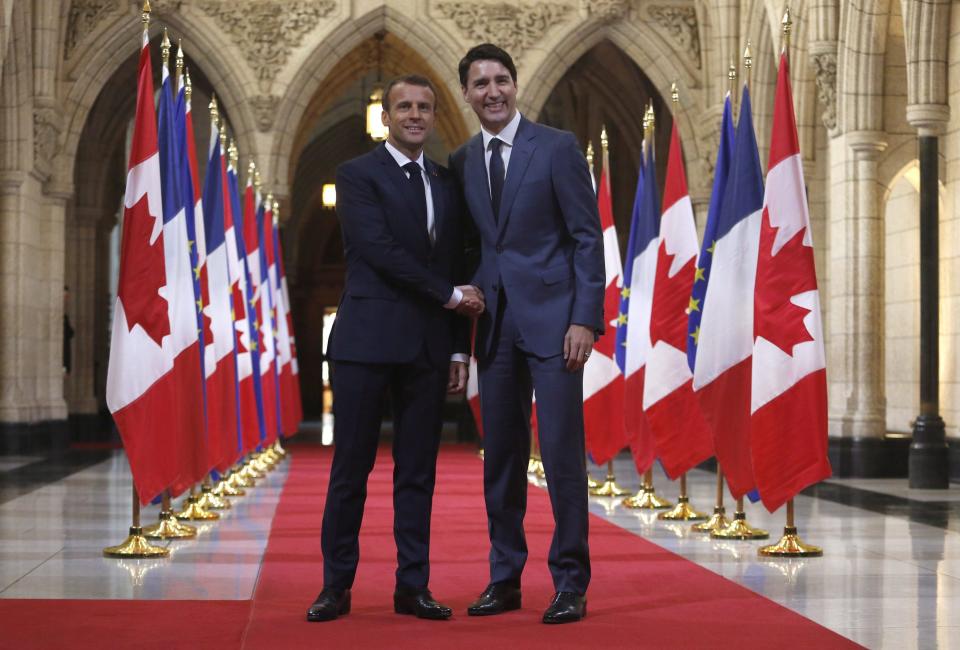 Canadian Prime Minister Justin Trudeau and French President Emmanuel Macron during a joint press conference earlier this week. (Rex)