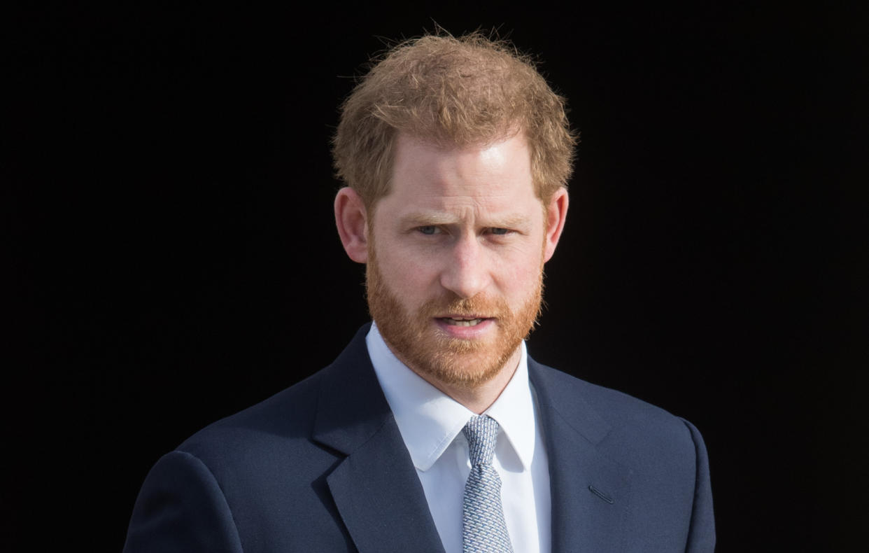 LONDON, ENGLAND - JANUARY 16: Prince Harry, Duke of Sussex hosts the Rugby League World Cup 2021 draws for the men's, women's and wheelchair tournaments at Buckingham Palace on January 16, 2020 in London, England. (Photo by Samir Hussein/WireImage)