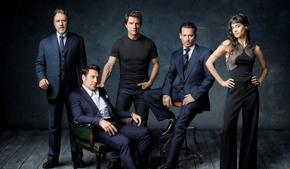 The stars of Universal’s planned “Dark Universe.” From Left: Russell Crowe, Javier Bardem, Tom Cruise, Johnny Depp, and Sofia Boutella (Photo: Universal)