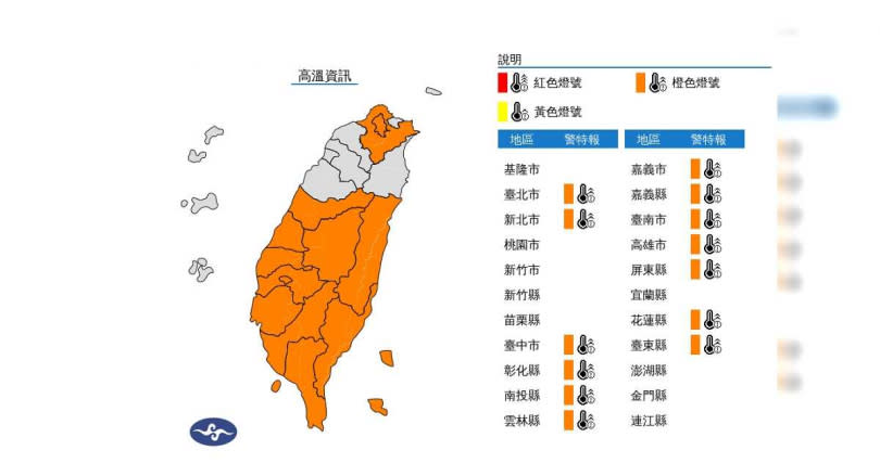 受到太平洋高壓增強影響，全台依舊維持炎熱的天氣，中央氣象署今（3日）針對13縣市發布高溫特報。（圖／中央氣象署提供）