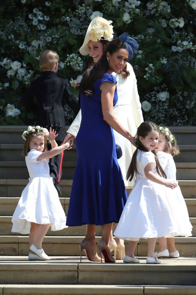 Jessica Mulroney (in blue) with Kate Middletown and Meghan Markle's bridesmaids ahead of her Saturday wedding to Prince Harry