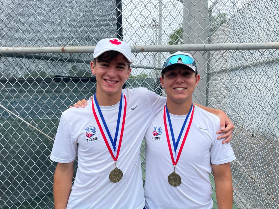 2023 District 29-5A boys doubles champions Rev Wicks, left, and Dale Loveland from Gregory-Portland High School