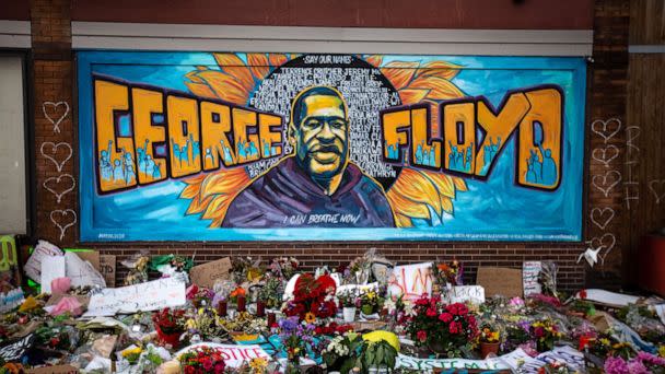 PHOTO: In this May 31, 2020, file photo, the makeshift memorial and mural is shown outside Cup Foods where George Floyd was murdered by a Minneapolis police officer in Minneapolis. (Jason Armond/Los Angeles Times via Getty Images, FILE)