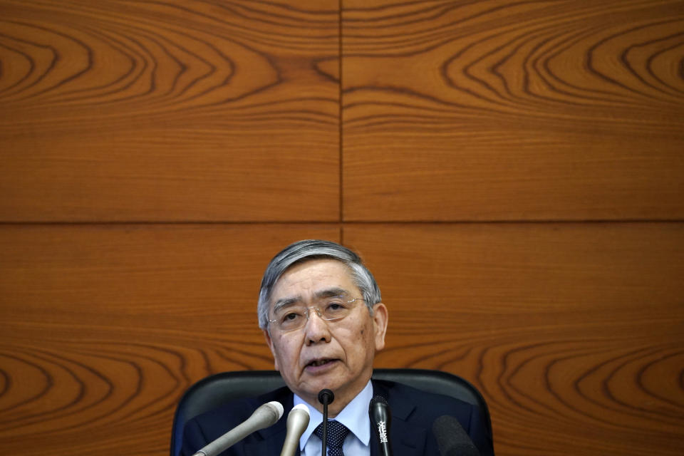 Bank of Japan Gov. Haruhiko Kuroda speaks during a news conference in Tokyo Monday, March 16, 2020. Japan's central bank took emergency action Monday to help support the economy following the U.S. Federal Reserve's decision to cut its benchmark interest rate to nearly 0%. (AP Photo/Eugene Hoshiko)