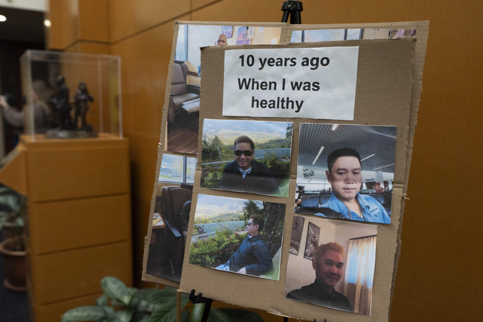 Images of Cheng "Charlie" Saephan are displayed during a news conference where it was revealed that he was one of the winners of the $1.3 billion Powerball jackpot at the Oregon Lottery headquarters on Monday, April 29, 2024, in Salem, Ore. (AP Photo/Jenny Kane)