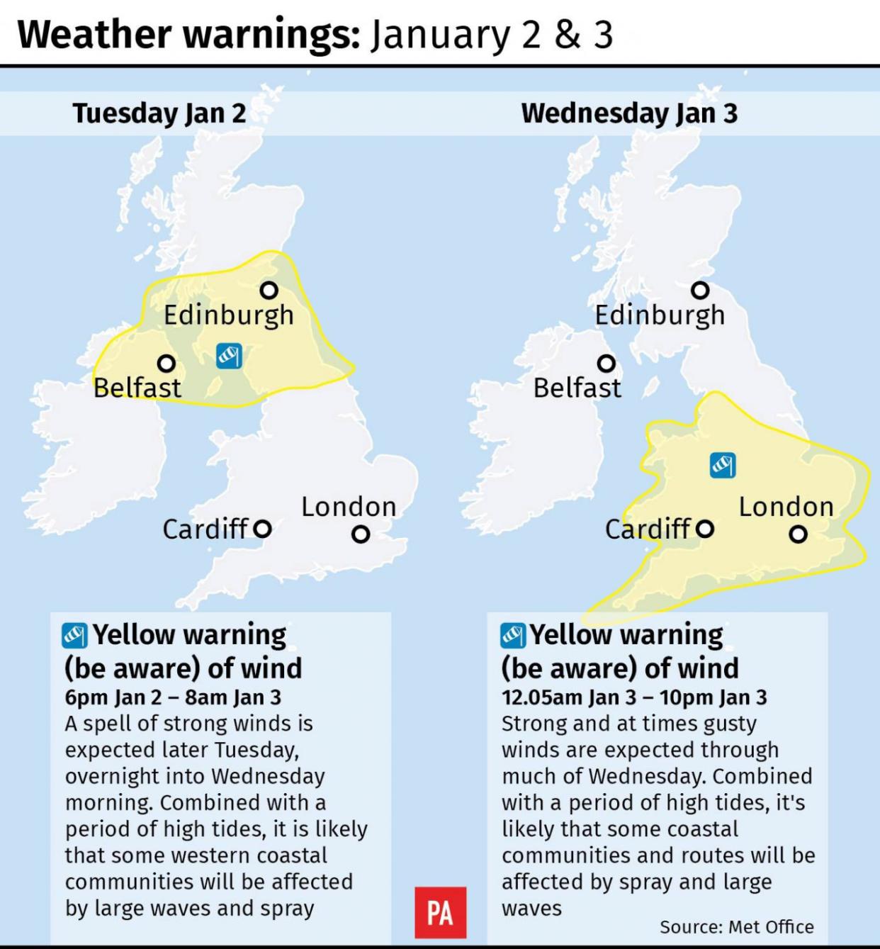 Weather warnings January 2 and 3