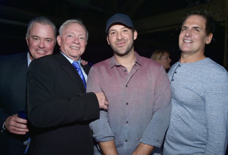 Mark Cuban (R) rubbed elbows with the Cowboys&#39; brain trust, Stephen and Jerry Jones, and QB Tony Romo during Super Bowl week in February. It&#39;s unclear if they dined on swine. (Getty Images)