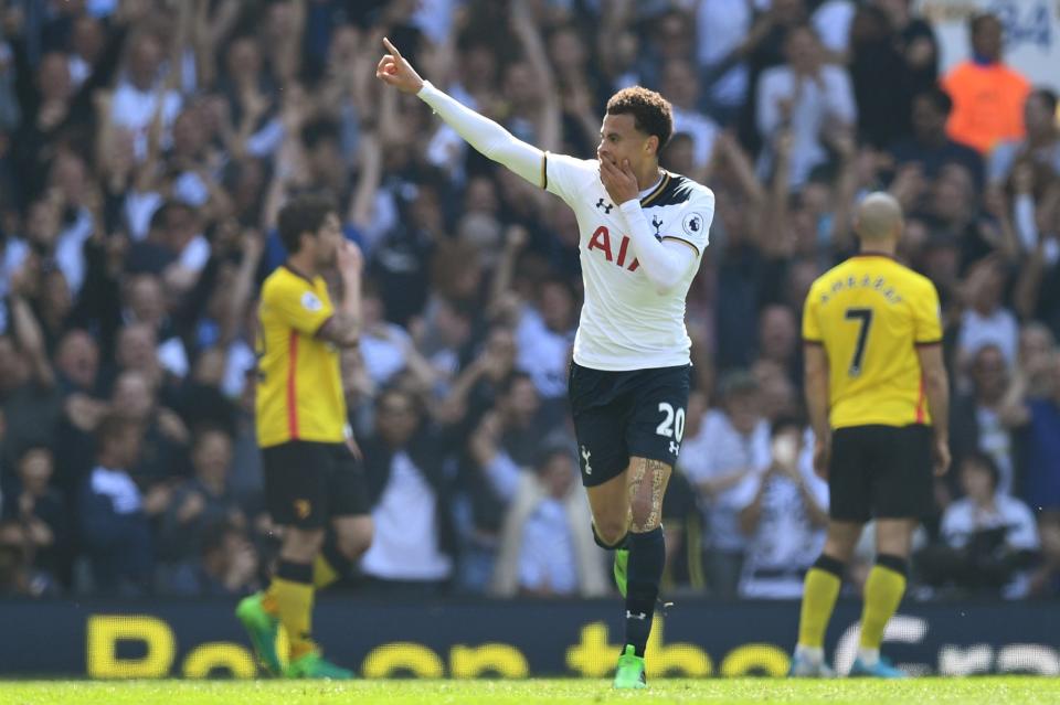 <p><a rel="nofollow" href="https://uk.sports.yahoo.com/news/tottenham-close-gap-chelsea-four-points-hammering-watford-131930039.html" data-ylk="slk:Dele Alli celebrates making it 1-0;elm:context_link;itc:0;sec:content-canvas;outcm:mb_qualified_link;_E:mb_qualified_link;ct:story;" class="link  yahoo-link">Dele Alli celebrates making it 1-0</a> </p>