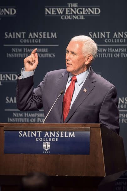 PHOTO: Former Vice President Mike Pence speaks at 'Politics &amp; Eggs' at the New Hampshire Institute Politics at St. Anselm College on Aug. 17, 2022 in Manchester, N.H.  (Scott Eisen/Getty Images)