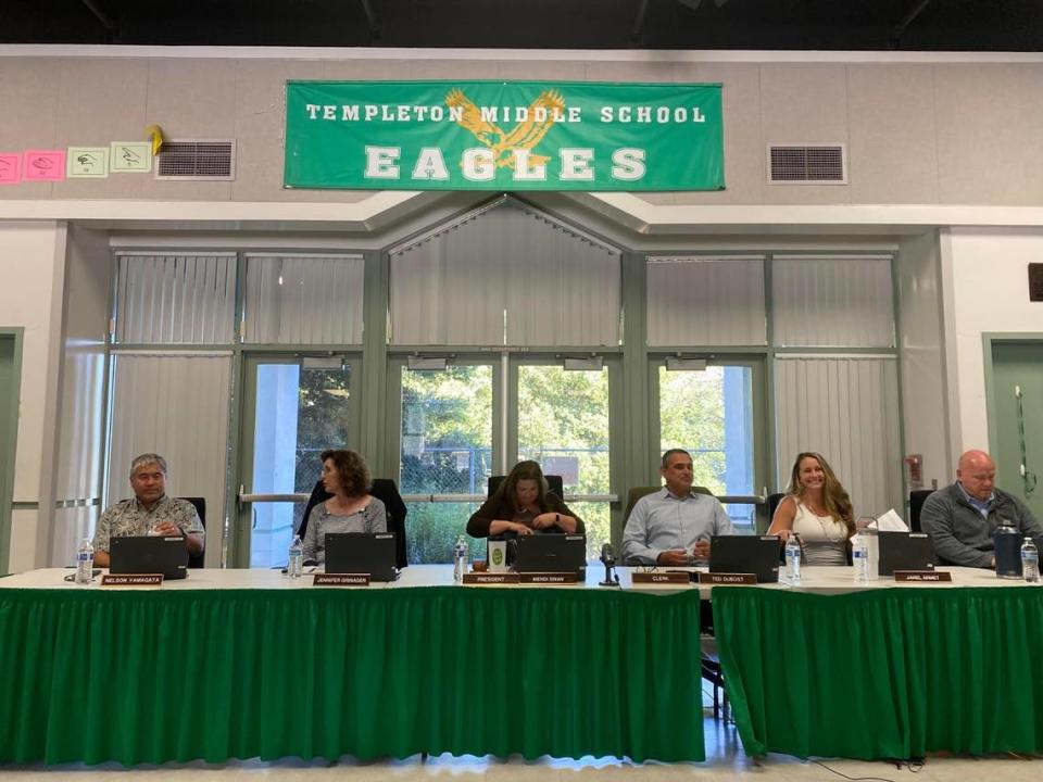 Templeton District Board members prepare for a June 20, 2023, meeting on transgender students’ use of opposite gender restrooms and locker rooms.