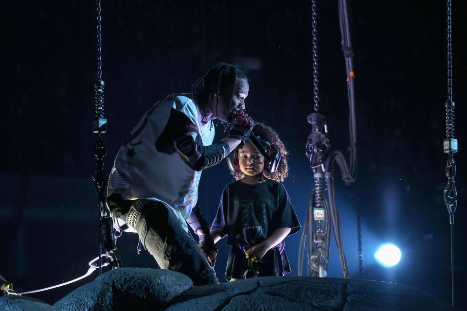 INGLEWOOD, CALIFORNIA - NOVEMBER 05: Travis Scott performs during Travis Scott Utopia – Circus Maximus Tour at SoFi Stadium on November 05, 2023 in Inglewood, California. (Photo by Leon Bennett/Getty Images for Live Nation)