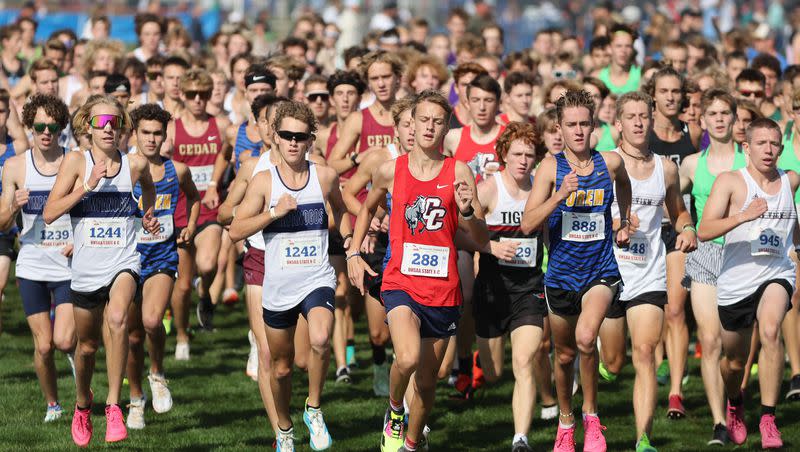 Action from the 4A boys cross-country state championship race at the Regional Athletic Complex in Rose Park on Tuesday, Oct. 24, 2023.