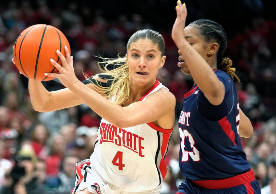 Ohio State guard Jacy Sheldon drives against Belmont guard Jailyn Banks on Friday.