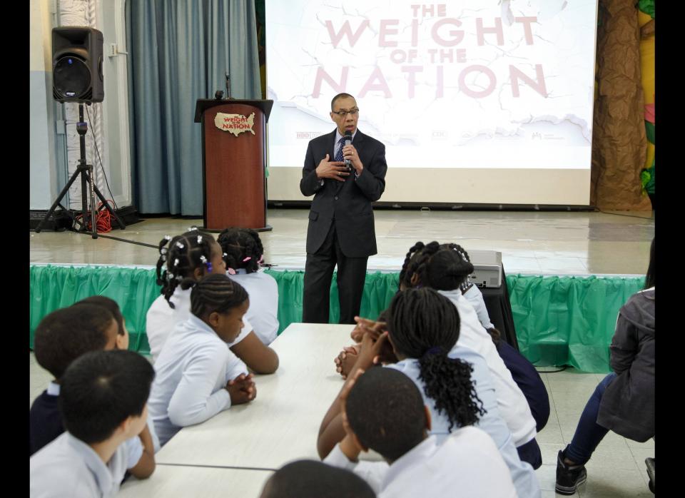 COMMERCIAL IMAGE - In this photograph released by HBO on Wednesday, May 2, 2012, Dennis M. Walcott, Chancellor of the New York City Department of Education, makes remarks about the importance of healthy eating to a group of students at P.S. / I.S. 155 Nicolas Herkimer School in Brooklyn, N.Y., in celebration of HBO's The Weight of the Nation campaign (Brian Ach/AP Images for HBO)