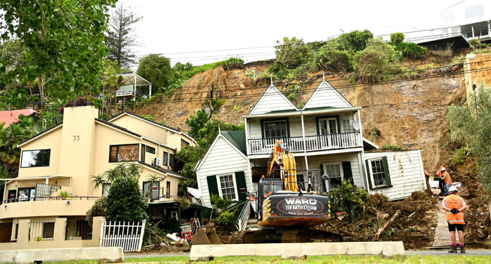 A damaged property in Remuera, Auckland where a man was found dead after a landslide on Sunday. 