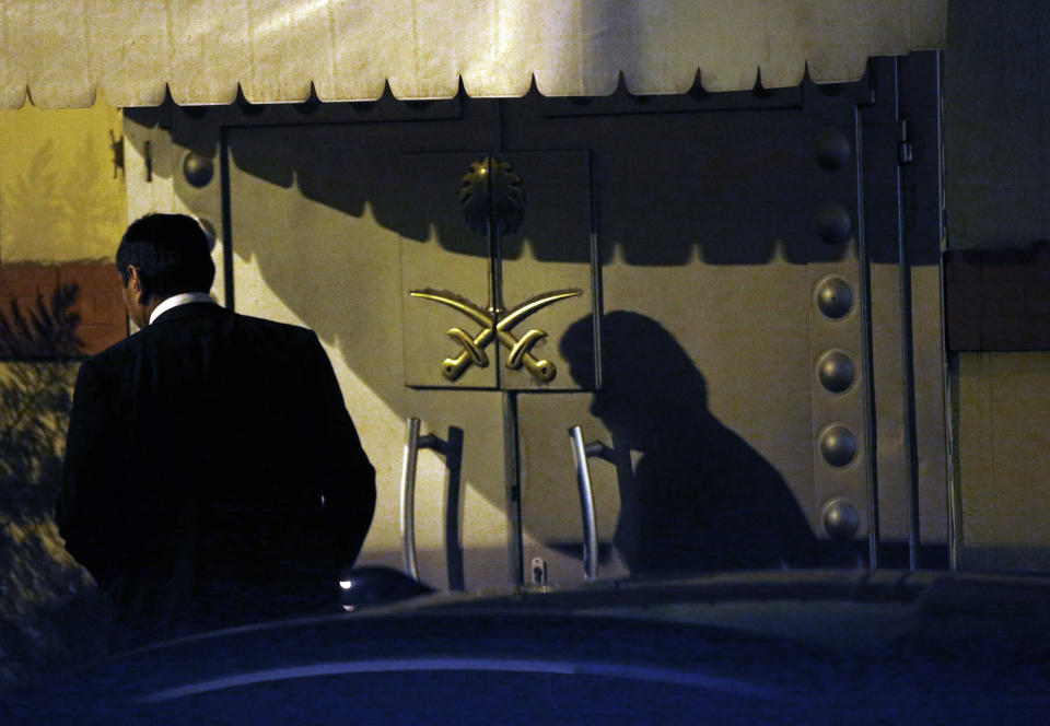 A man leaves Saudi Arabia's consulate in Istanbul, Friday, Oct. 19, 2018. A Turkish official said Friday that investigators are looking into the possibility that missing Saudi journalist Jamal Khashoggi's remains may have been taken to a forest outside Istanbul or to another city after his suspected killing at the consulate earlier this month. Ankara's top diplomat, meanwhile, denied sharing any audio from the Saudi Consulate with U.S. officials. (AP Photo/Lefteris Pitarakis)