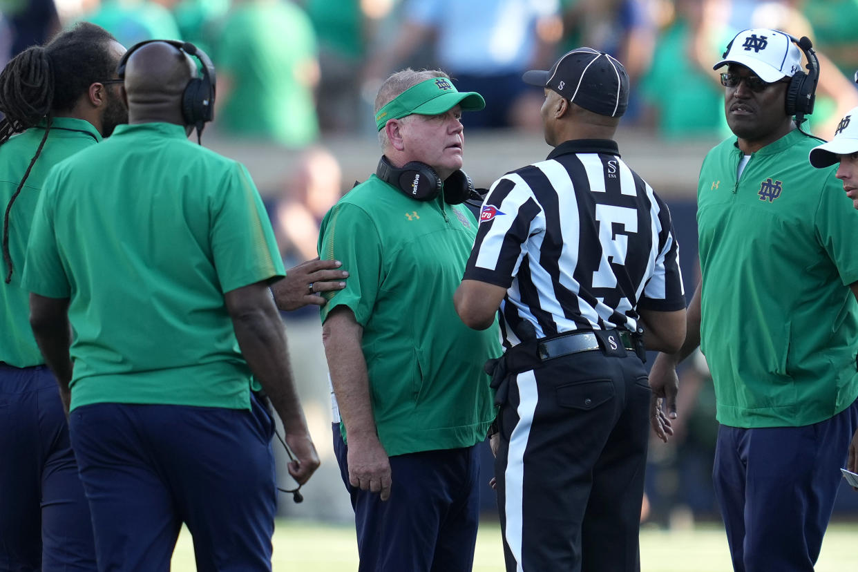 Notre Dame Fighting Irish coach Brian Kelly argues a call with the referee during a game against Purdue on Saturday. (Robin Alam/Icon Sportswire via Getty Images)