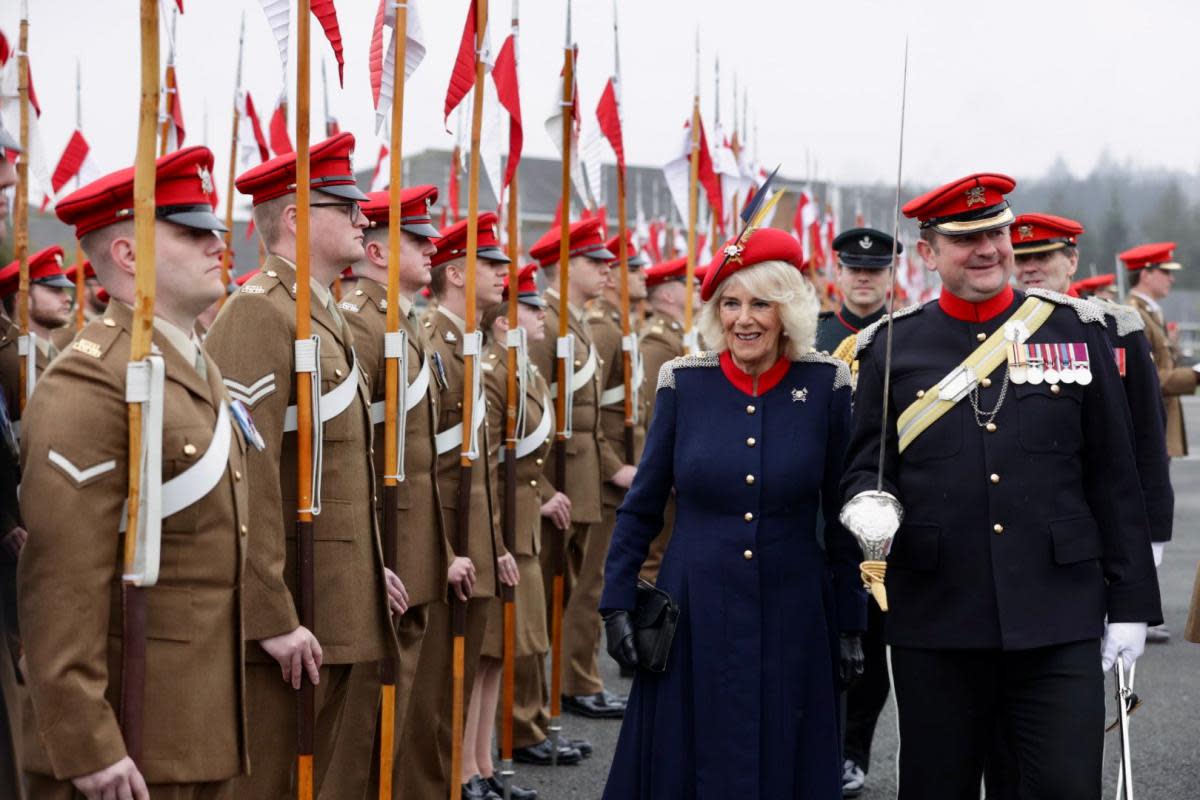 Queen Camilla during her to visit to the Royal Lancers regiment, her first visit to the regiment since being appointed as their Colonel-in-Chief, at Munster Barracks, Catterick Garrison <i>(Image: SARAH CALDECOTT)</i>